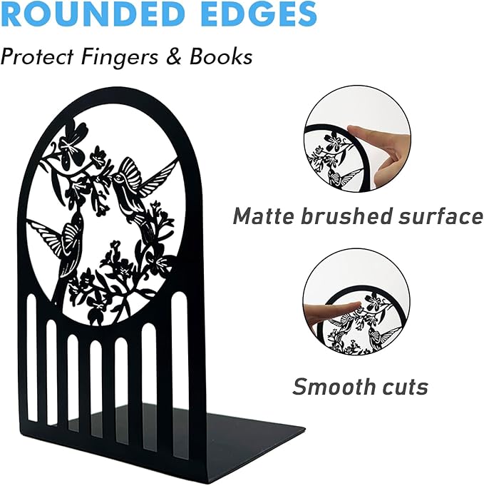 Weudes Hummingbird Book Ends, Metal Bookends for Shelves Decorative, Book Stopper for Heavy Books, Bookends for Home, Office, Library, School Use (Black)