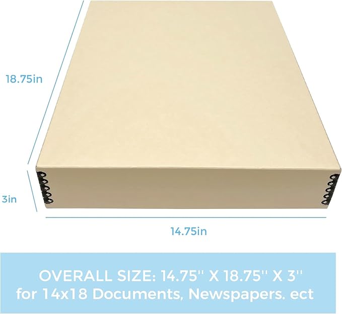 Lineco Museum Archival Storage Box, 14.75x18.75x3 in. Drop Front Design. Acid-Free with Metal Edge. Organize Photos, Pictures, Prints, Documents, Crafts, DIY. Tan, 1 Pack