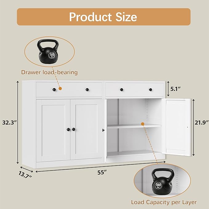 TaskStorz Metal Storage Cabinet with 2 Doors and 1 Drawer，Farmhouse Buffet Cabinet with Storage，32.3" H Coffee Bar Cabinet with Storage for Kitchen, Dining Room, Hallway, White