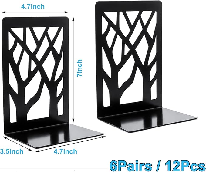 MSDADA Bookends, Book Ends for Shelves, Bookends for Office, Book Ends for Heavy Books, Book Shelf Holder Stand Home Decorative，Metal Bookend Supports, Book Stoppers, Black(6 Pairs)