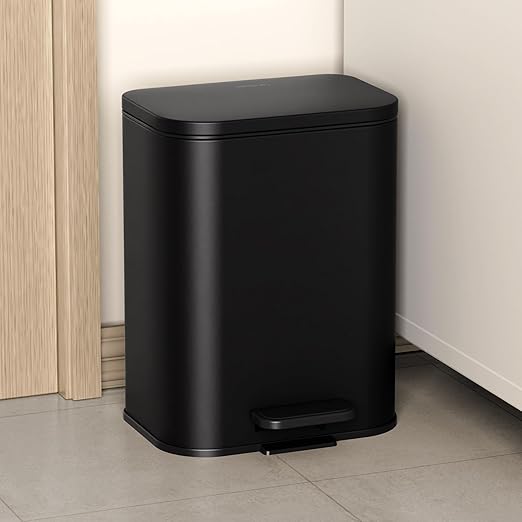 Cesun Small Bathroom Trash Can with Lid-1.3 Gal, Outdoor Stainless Steel Garbage Can for Dog Poop with Anti-Slip Base, for Bathroom, Bedroom, Office, RV, Living Room, Black