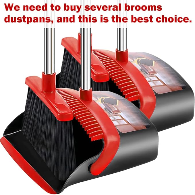 Brooms with Dustpan Combo Set， with 52" Long Handle, Dustpan Teeth with self-Cleaning Function, Indoor and Outdoor Sweeping, Perfect for Home Office (Large/Red /2-Pack)