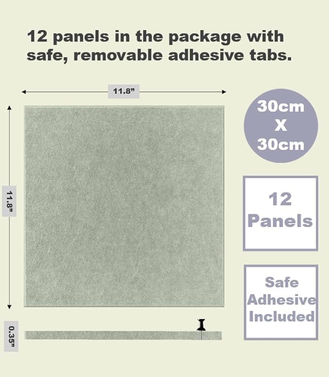 DECORITA Sage Green Cork Board Alternative | Large Pin Board Notice Board | Felt Bulletin Board for Office, Home & Classroom | Sage Green Office School Supplies | Felt Wall Tiles (12-Pack)