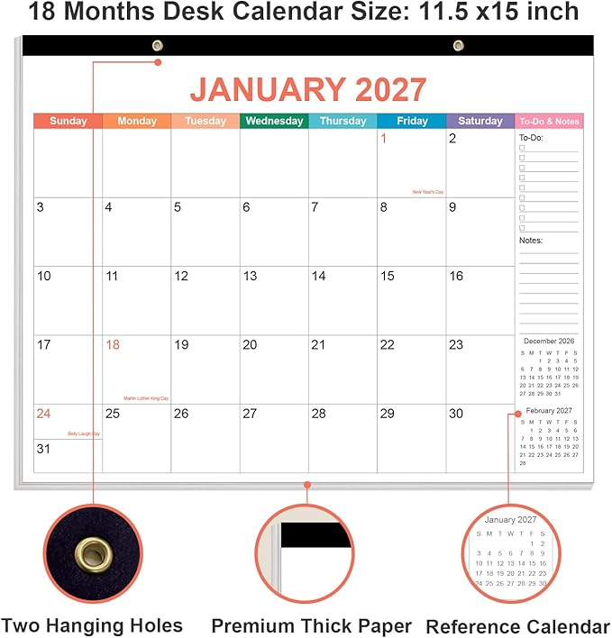Desk Calendar 2026 - Calendar 2026-2027 from January 2026 to June 2027, 18 Months Calendar with Thick Paper for Office, Home, School Organizing, 14.5" X 11.5", Colorful