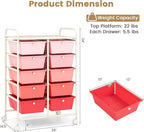 HAPPYGRILL 10-Drawer Rolling Storage Cart, Storage Organizer Cart with Lockable Wheels, Beauty Salon Movable Utility Cart for School, Office, Home, (Pink)
