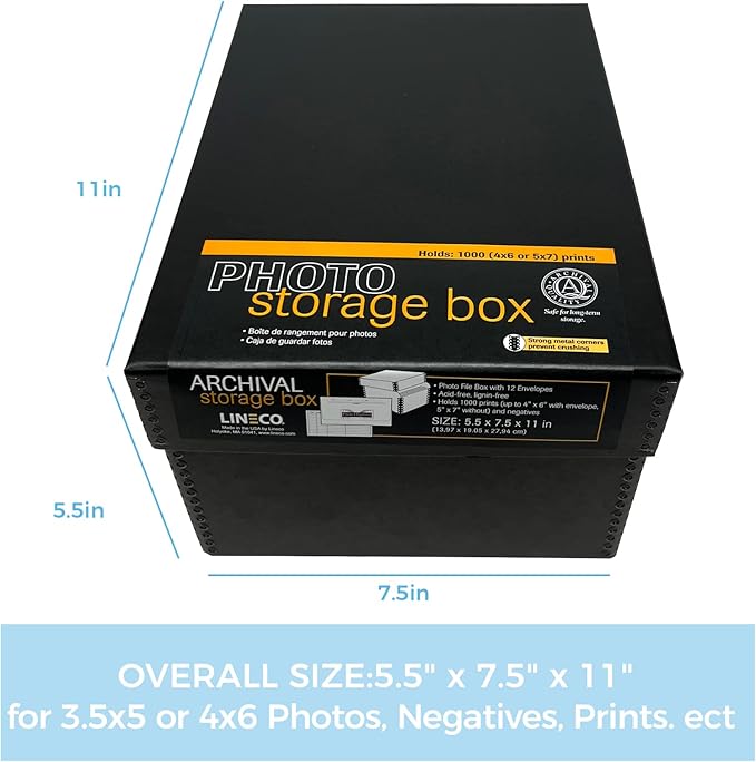 Lineco 4x6 Photo Storage Box, with 12 Acid-Free Envelopes, Holds Up to 1000 3.5" x 5", or 4" x 6" Photos, Metal Edge Archival Storage Box for Photos Stickers Stamps Seeds, 5.5x7.5x11. Black