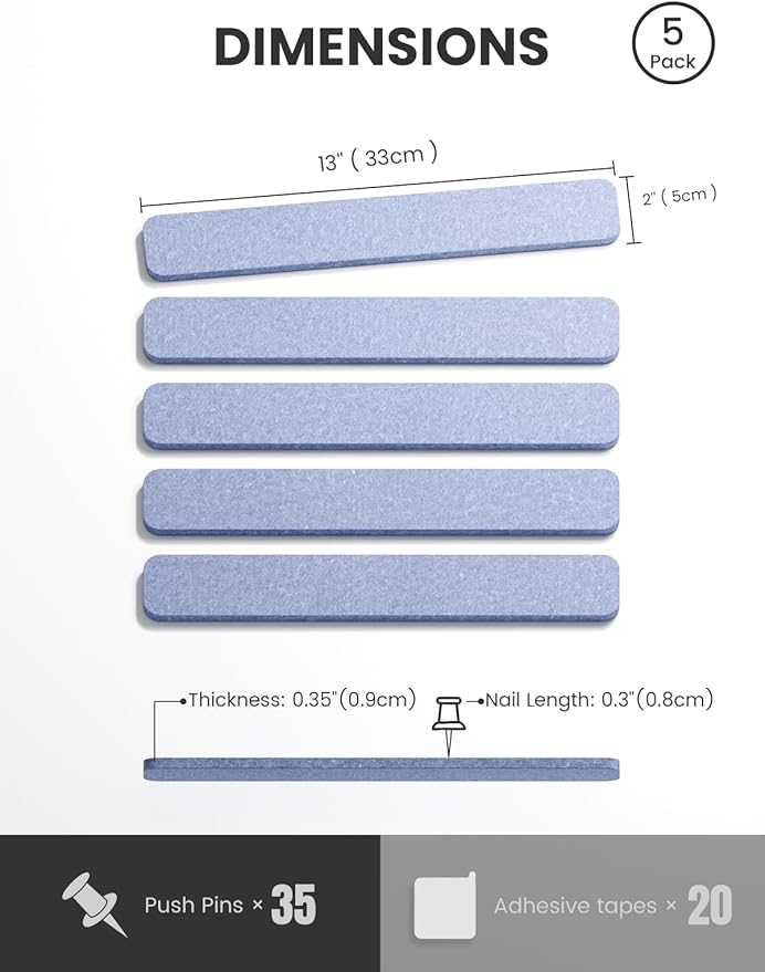 Fluxynara Cork Board Alternative Felt Strip Board 5-Pack 13"x2", Office Pin Board with 35 Push Pins, Adhesive Install for Bedroom Door & Home Office(Soft Periwinkle)