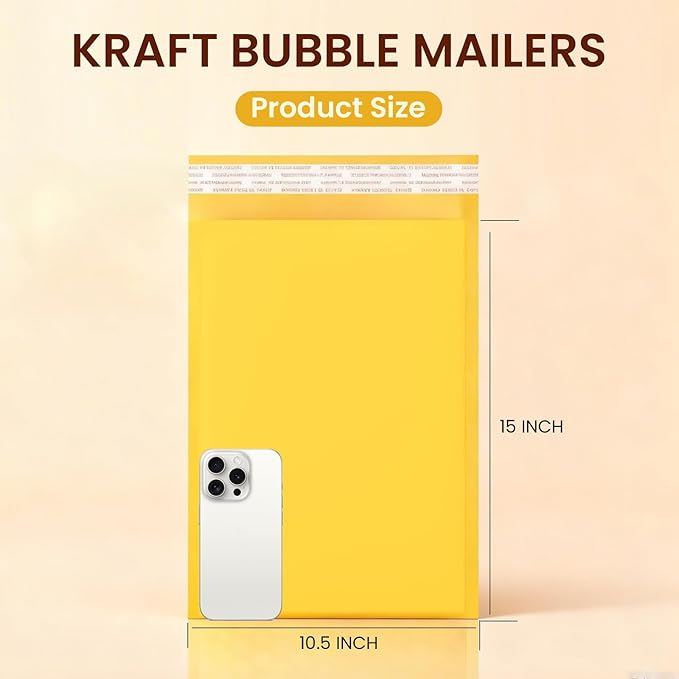 Yellow Kraft Bubble Mailer Envelopes, Large Bubble Mailers 10.5x15 Inch, 25 Pack Padded Envelopes, Self-Seal Shipping Envelope,Tear-Resistant Mailing Envelopes Padded