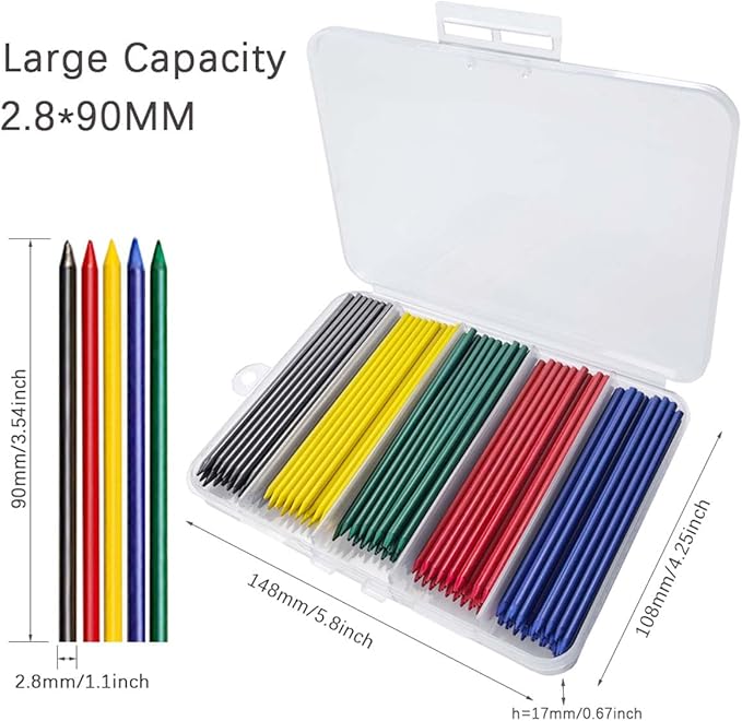 MROOFUL 200 PCS Of Blue, Red, Green, Yellow, Black Woodworking Lead, Carpenter Pencil Replacement Core, Large Capacity 2.8mm, Long Nose Deep Hole Mechanical Pencil Marker Replacement Lead