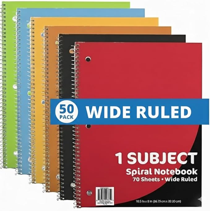Trail maker Bulk Notebooks (50 Pack), One Subject Notebooks Wide Ruled, 70 Sheets,Spiral Bulk Notebooks for Kids, School Supplies, Journaling, Note Taking, Students, and Work