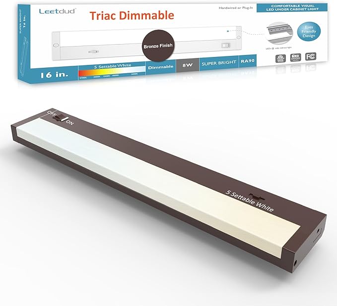 Leetdud LED Under Cabinet Lighting Hardwired or Plug in, 16 Inch 8W, Dimmable 5 Color 2700K/3000K/3500K/4000K/5000K, Linkable Eyes Care Design Counter Lights for Kitchen, Sink, ETL Listed, Bronze