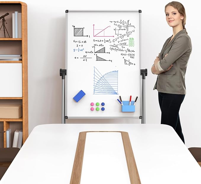 UIFER Double Sided White Board with Stand - 40x28 Portable Whiteboard Easel with Height Adjustable & 360° Rotation for Home Office Classroom, Standing Dry Erase Board for Presentation