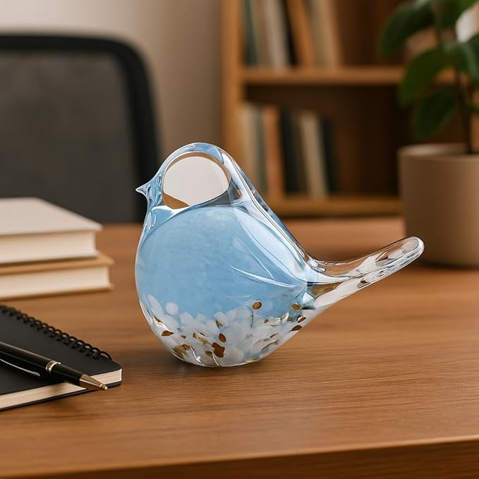 WUBIANJIE Hand Blown Glass Bird Statue Collectible Animal Art Paperweight, Living Room Bedroom Bookshelf Coffee Table Small Ornaments Shelf Home Decoration (Blue)