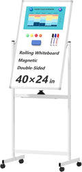 Neatsure Rolling Whiteboard on Wheels, 40" x 24" Double-Sided Mobile Magnetic White Board with Stand, Portable Standing Dry Erase Board Easel for Home Office Classroom School, Silver