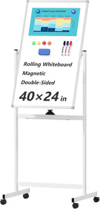Neatsure Rolling Whiteboard on Wheels, 40" x 24" Double-Sided Mobile Magnetic White Board with Stand, Portable Standing Dry Erase Board Easel for Home Office Classroom School, Silver