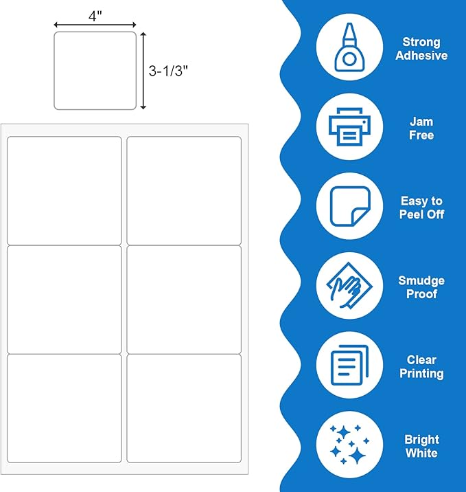 BESTEASY 3 1/3" x 4" Labels Shipping Labels for Laser Inkjet Printers, 6 Up Self Adhesive FBA Address Labels, White Matte Mailing Label Stickers (4000 Sheets, 24000 Labels)