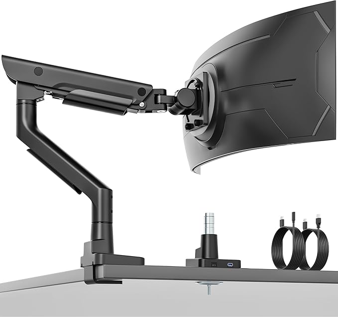 monTEK Sleek Aluminum Monitor Arm for 17–57” Ultrawide Screens up to 59.4 lbs, USB 3.0 A/C, Heavy Duty Single Monitor Arm Desk Mount, Pneumatic Lift, Quick-Release Plate, Clamp/Grommet, VESA 100x100