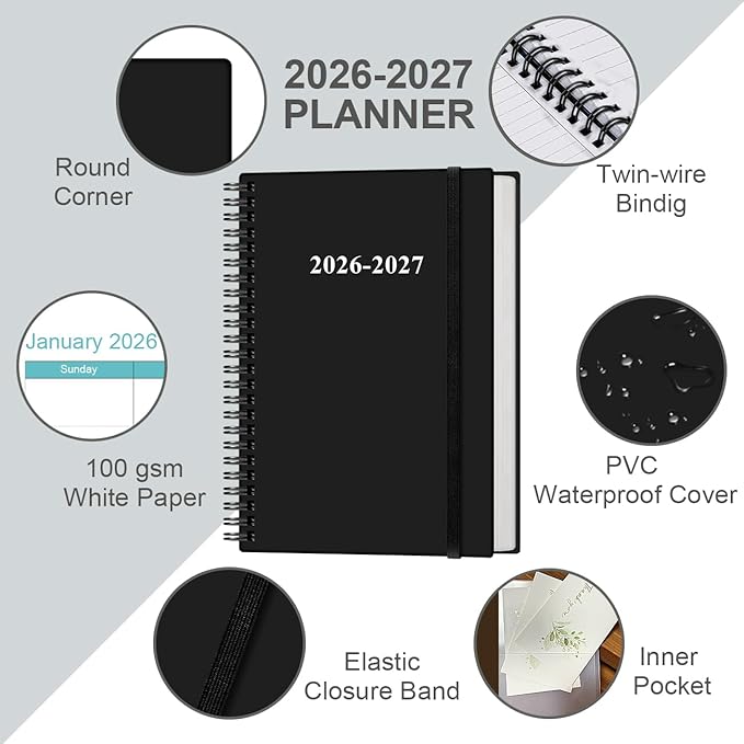 2026-2027 Planner - 18 Months Weekly & Monthly Planner from January 2026 - June 2027, Spiral Planners 2026-2027 with Elastic Closure, Inner Pocket, Medium 5.8" x 8.3", Black
