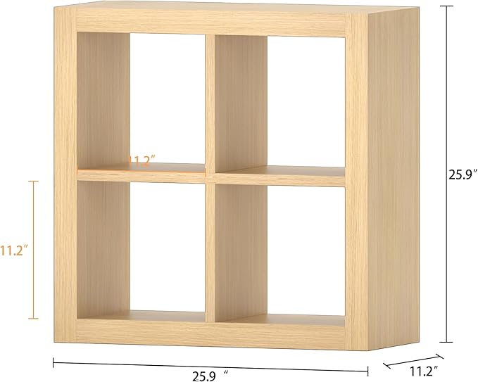 furtble Bookshelf with Storage Bin, 4-Cube Storage Organizer, Modern Wood Open Bookcase, Multifunctional Display Shelf for Living Room, Bedroom, Home Office, Oak