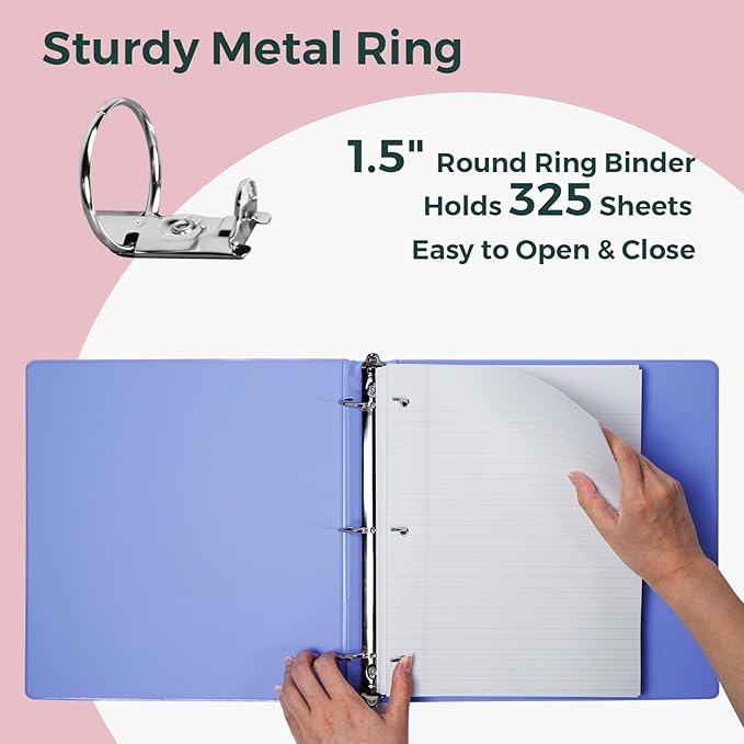 POPRUN 3 Ring Binder 1.5 Inch, PVC-Free, Holds 325 Sheets of 8.5 x 11 Paper, Extra Durable Organizer with 2 Pockets for School & Office, Heavy-Duty, 2 Pack, Pink