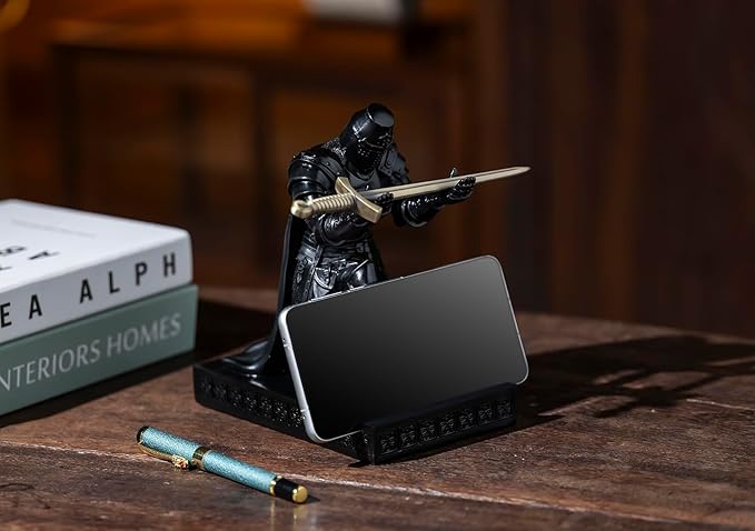 NCQIXIAO Medieval Templar Vanguard Officer Knight Pen Holder Pen Stand Desk Organizers and Accessories Resin Mobile Phone Stand as Gift for Office and Home Desk Organizer (Black)