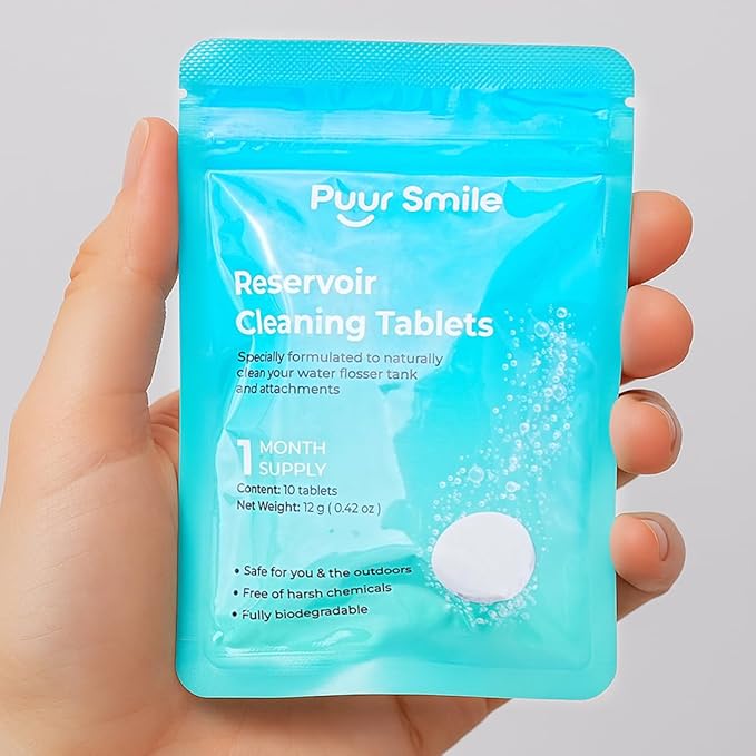 Puur Smile Water Flosser Reservoir Cleaning Tablets – 1 Month Supply – Deep Clean for Water Tank & Attachments – Natural Ingredients, Biodegradable, Safe & Easy to Use (10 Tablets)