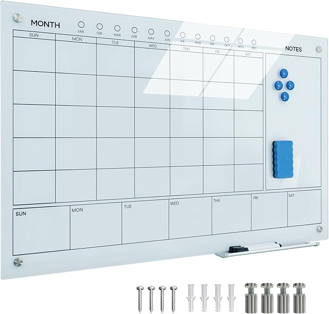 JYYPWB Magnetic Glass Whiteboard 36X24 Monthly Planner Calendar Dry Erase Board for Home, School, Office, Frameless, with Markers, Marker Tray, Eraser, Magnets (White)