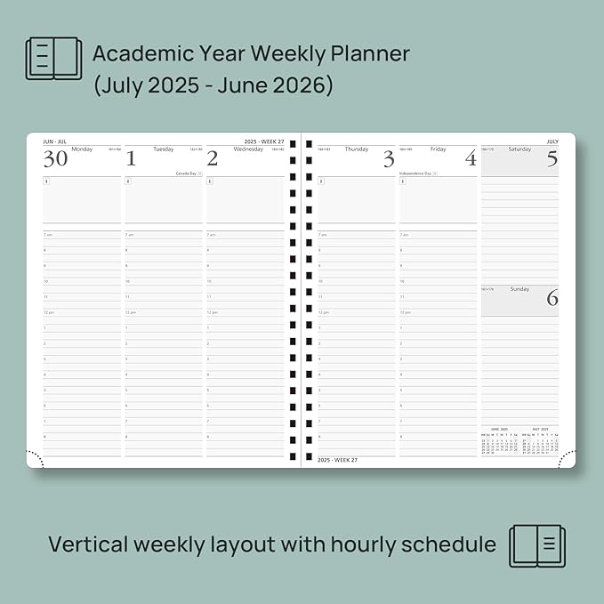 POPRUN Planner 2025-2026 (Large - 8.5'' x 10.5'') Academic Weekly Calendar (July 2025 - June 2026) with Hourly Time Slots, Monthly Tabs, 100GSM Thick Papers, Spiral Leather Cover - Green