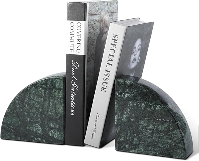Karibiber Marble Bookend for Shelves, Non-Skid Bookends for Heavy Books, Heavy Duty Book Stopper for CDs, Luxury Book Shelf Holder, Quarter Circle Design Book Ends Decorative, Indian Green, Set of 2