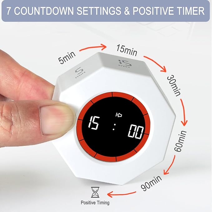 GuDoQi Digital Productivity Timer, Octagon Rotating Pomodoro Timers with Gravity-sensor, 1-3-5-15-30-60-90 Min Countdown, Portable Adjustable Sound Alert Multi Desk Timer or Study Task, Kitchen, White