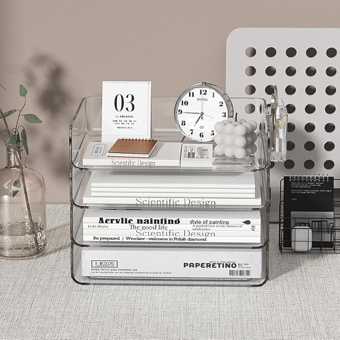 FANXIYQ 4-Tier Stackable Paper Tray Organizer for Desk with Detachable Hanging Pen Cup - Durable PET Desktop Paper Organizer, Space-Saving Desk Accessory