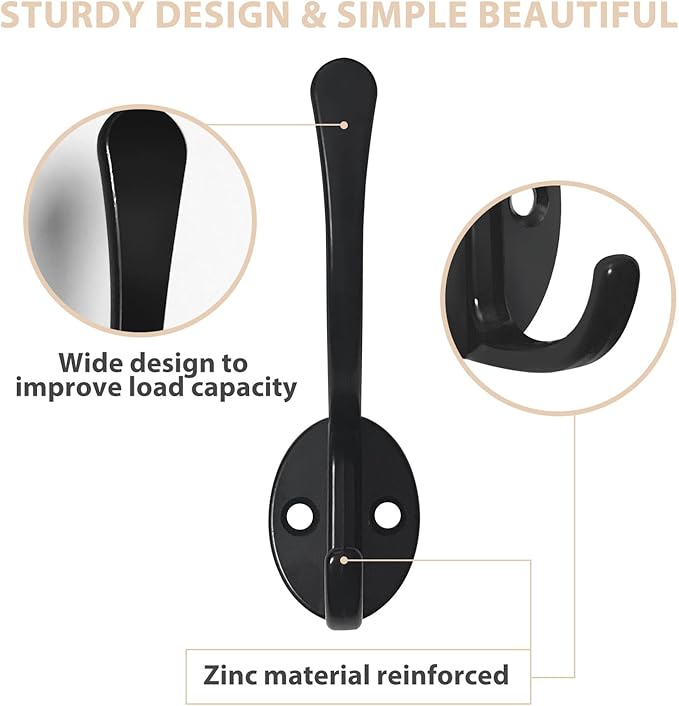 Homanu 10 Pack Coat Hooks Wall Mounted with 20 Screws, Heavy Duty Black Towel Hooks Metal Double Hooks, No Rust Retro Rustic Wall Hooks for Hanging Towel, Coat, Scarf, Bag, Hat, Cup, Key