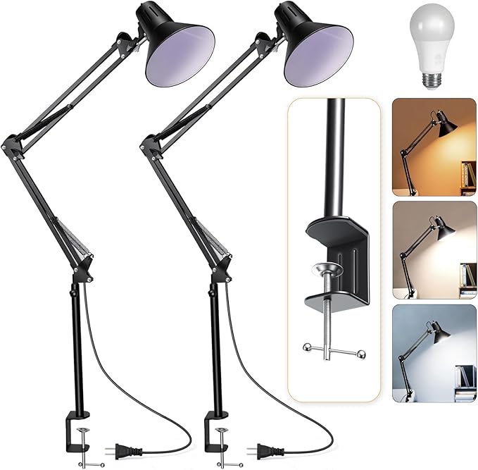 2 Pack LED Desk Lamp Dimmable with Clamp, Eye-Caring Clip on Lights for Home Office, 3 Adjustable Color Temperature, Extra Tall Metal Swing Arm, High Intensity Clamp w/A19 E26 Bulb for Working Reading