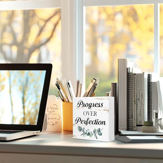 WUZYOU Inspirational Wood Box Sign - Progress Over Perfection Motivational Quote - 5x5x1 Inch Wooden Plaque - Positive Wall Decor for Home & Office - Desk Display