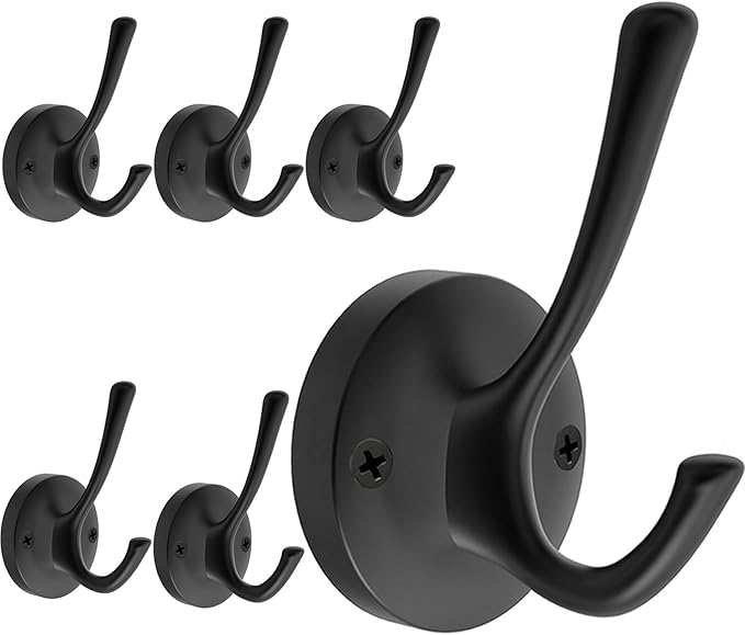 TOFIIGREM Black Wall Hooks, 6 Pack Coat Towel Hook Heavy Duty Metal Double Bath Robe Hook Wall Mounted, Hat Hooks for Cubicle Bathroom Kitchen Closet Garage