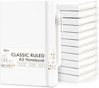 feela 12 Pack Notebooks Journals Bulk, Hardcover Notebook Classic Ruled Lined Journals with Pen Holder for Women Girls School Business Supplies, with 12 Black Pens, 120 GSM, 5.1”x8.3”, A5, White