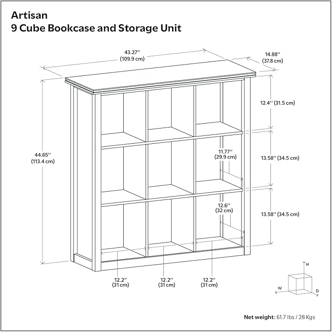 SIMPLIHOME Artisan Bookcase - 43 inch Tall 9-Cube Solid Wood Cube Organizer in Russet Brown, Transitional Storage Bookcase for Living Room, Study Room or Office with Fixed Shelves and Tapered Legs