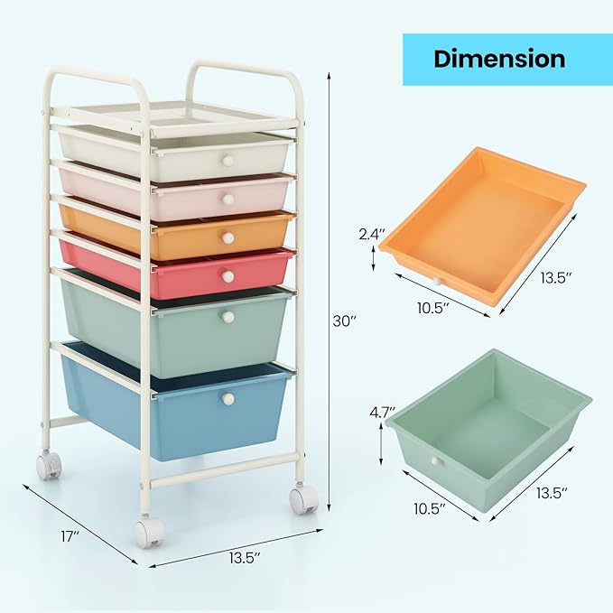 Giantex 6 Storage Drawer Cart Rolling Organizer Cart for Tools Scrapbook Paper Home Office School Multipurpose Mobile Utility Cart (Macaron)