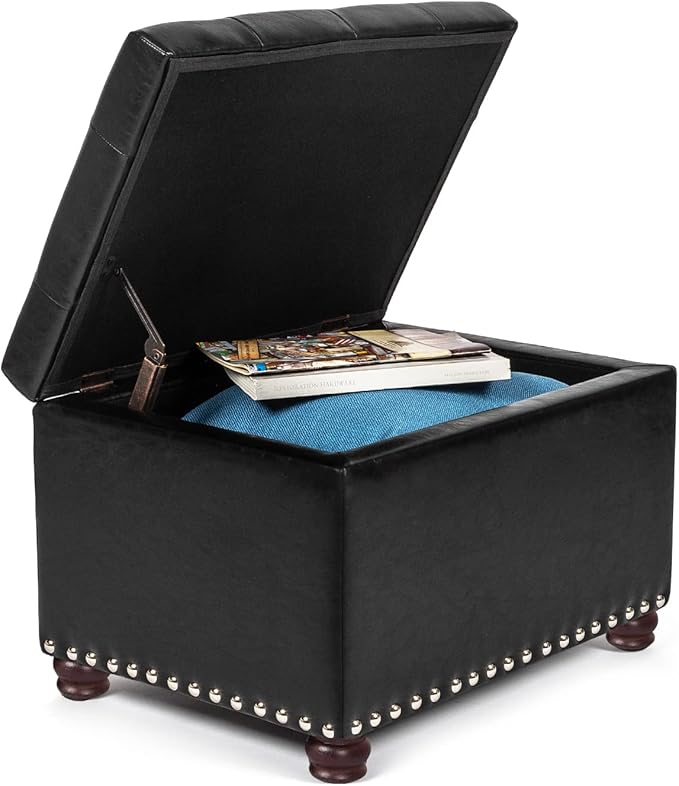 Decent Home 24'' Leather Storage Ottoman Rectangular Foot Rest Stool with Nailhead Trim Chests & Storage Room Organizer for Bedroom Living Room(Black)