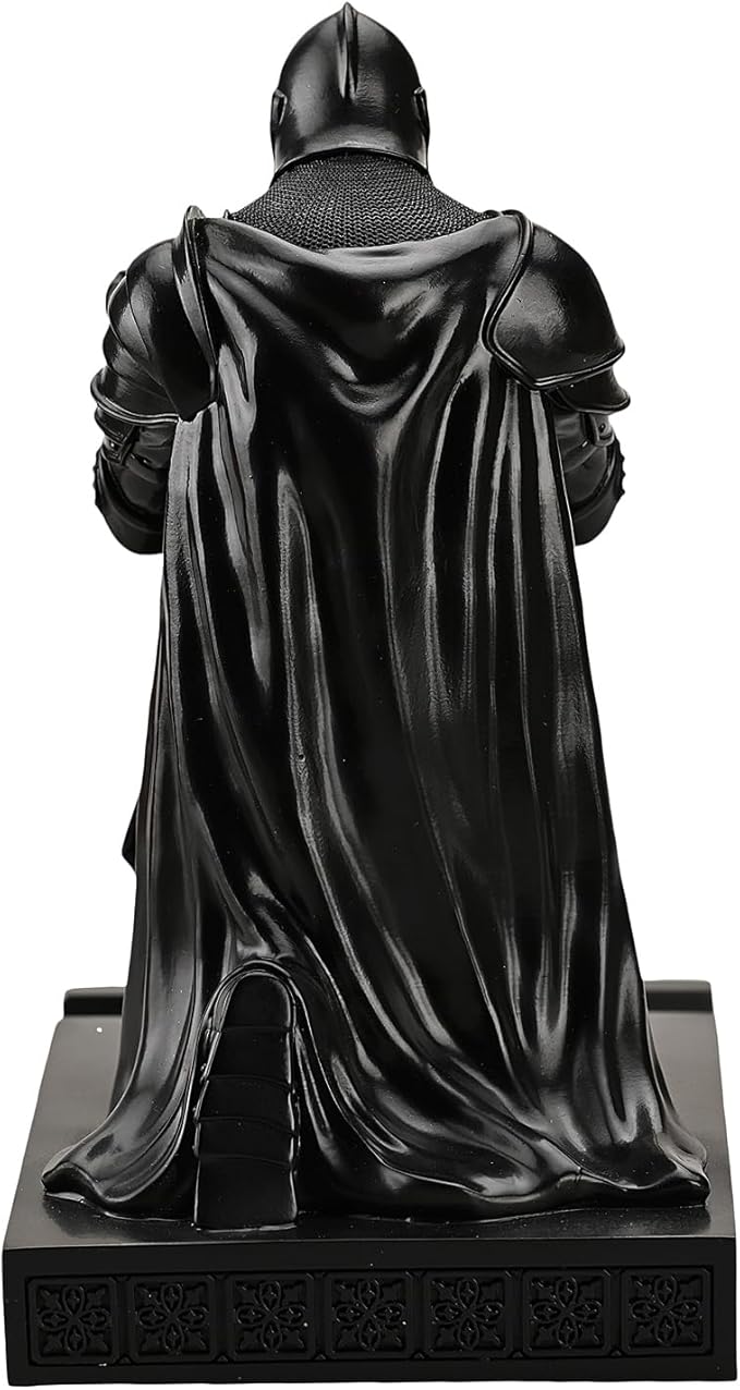 Amoysanli Medieval Armored Warrior Wearing Outerwear, Mobile Phone Stand Knight Pen Holder Desk Organizers, Resin Bookends Paperweight with a Letter Opener for Desk (Black)