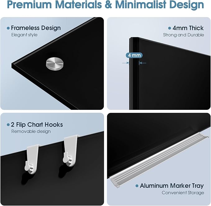 MaxGear Glass Whiteboard, Tempered Magnetic Dry Erase Board 72 x 48 Inch Black, Frameless Wall Mounted, Office Classroom Conference Room Home Use, Includes Markers, Eraser, Magnets & Mounting Kit
