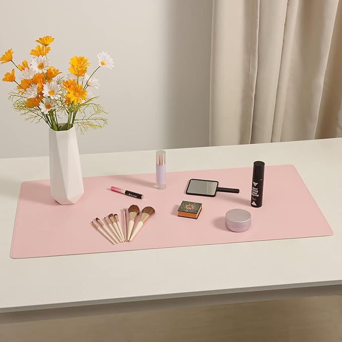 Wolaile PU Leather Desk Pad Blotter,Light Pink Waterproof Office Desktop Mat for Women,36x17in Non-Slip Large Mouse Pad Writing Protector