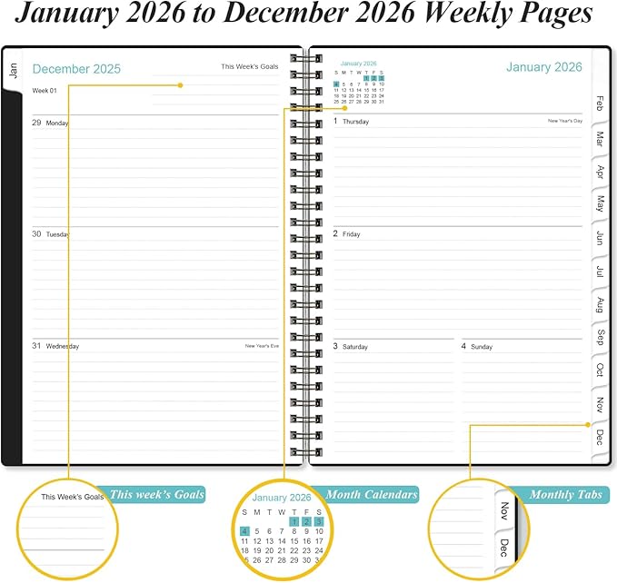 2026 Planner - Planner 2026 from January 2026 - December 2026, Weekly & Monthly Planner Spiral Bound with 12 Monthly Tabs, Inner Pocket, 6.4" x 8.5", Black-A