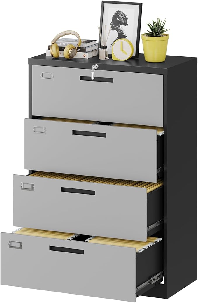 Fesbos Metal Steel 4 Drawer Lateral File Cabinet with Lock, Filling Cabinets for Home Office, Lockable Storage Cabinet for Hanging Files Letter/Legal/F4/A4 Size-Assembly Required