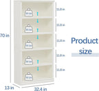 blini 5-Shelf Tall Bookcase White Wooden Bookshelves 33in Wide 5 Tier Bookcases with Adjustable Shelves Floor Standing Display Book Shelves 70 in Tall Bookcase for Home Office, Living Room, Bed Room