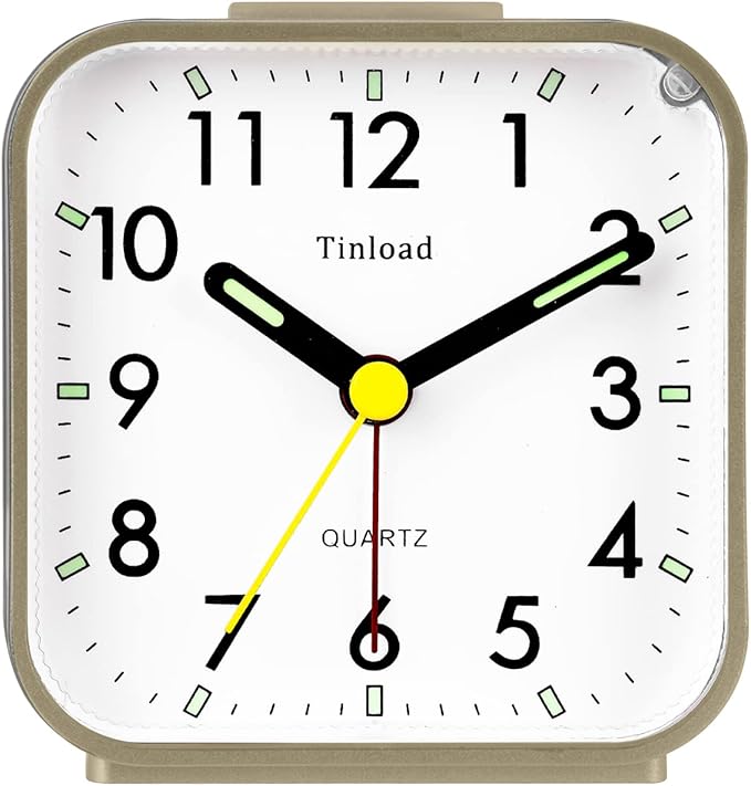 Tinload Small Battery Operated Analog Travel Alarm Clock Silent Non Ticking,Gentle Wake, Ascending Beep Sounds, Snooze,Lighted on Demand,Easy Set(Gold)