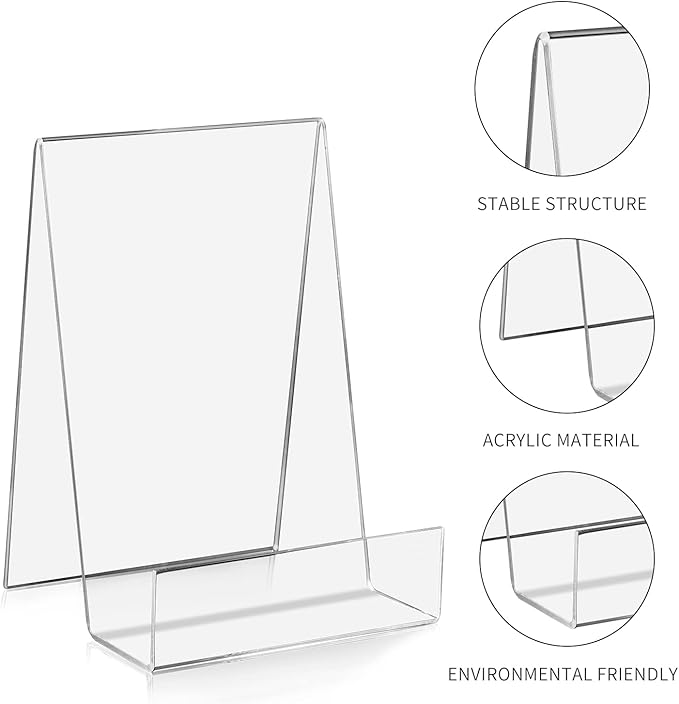 ZOEY Acrylic Book Stand with Ledge Clear Display Easels Plate - 5 Pack Large Book Holder Easel Stand for Display, Music Sheets, Artworks, CD, Tablet Holder