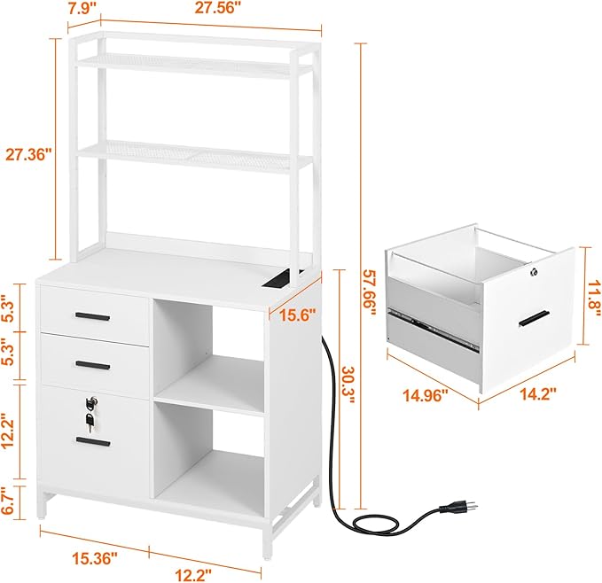 Livofloral Vertical File Cabinet with Charging Station, Filing Cabinets for Home Office, Large Printer Stand with Open Storage Shelves, 3 Drawer Filing Cabinet with Lock fits Letter/A4 Size, White