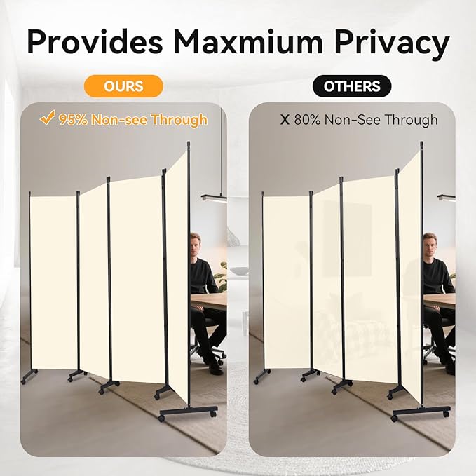 Room Divider (4 Panel) Wall Divider for Room Partition, 88 inch Metal Frame Wide Portable Privacy Screens W/Wheels, Freestanding Room Separators 5.6FT Room Divider Panel