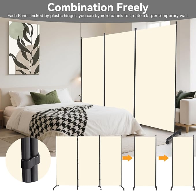 Room Divider (3 Panel) Wall Divider for Room Separation, 102 inch Wide Portable Privacy Screens W/Wheels, Metal Frame Freestanding Room Separators 5.6FT Room Partitions and Dividers